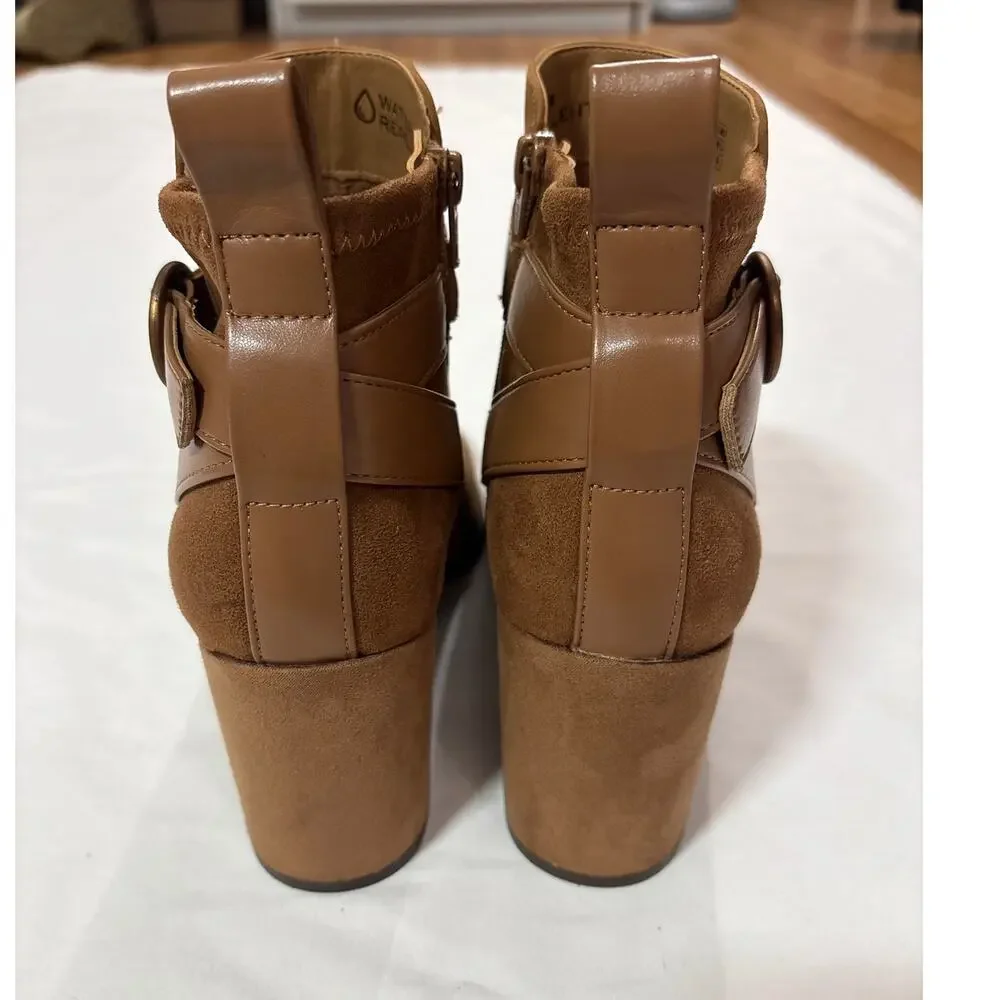 Vionic Womens 8 Tenley Boots Toffee Suede Square Toe Block Heels Party Cocktail